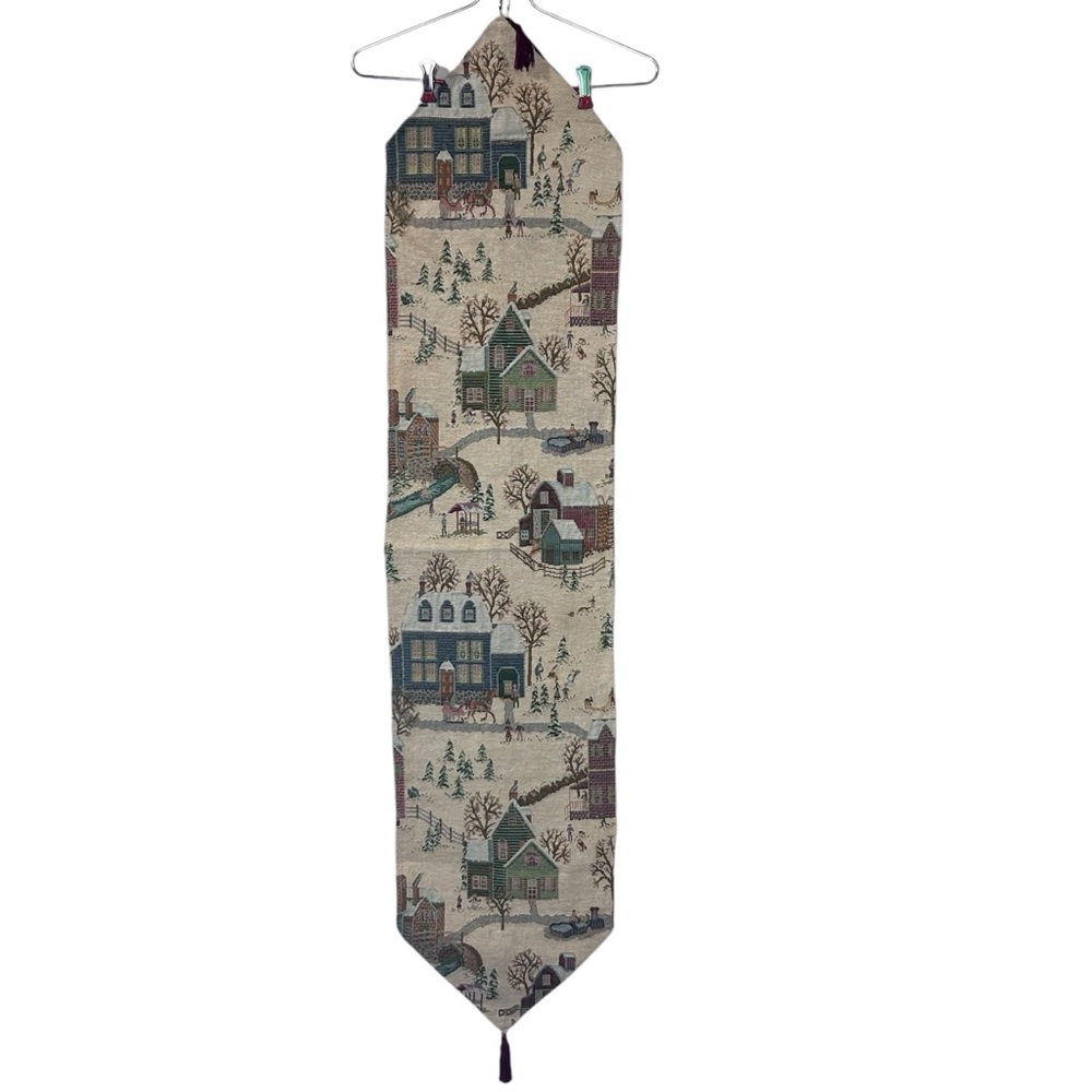 Tapestry table runner tasseled houses trees‎ barns multicoloured decorative